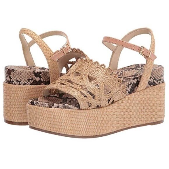 "NEW" Jessica Simpson Camilia Platform Wedge‎ Sandals Natural Rattan Sz 8.5 - Picture 1 of 10